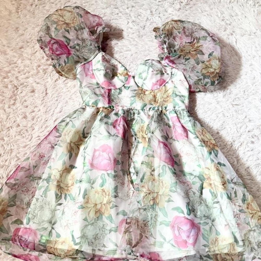 Whimsical Floral Tea Party Magical Princess Fairycore Puff Sleeve Dress Womens M